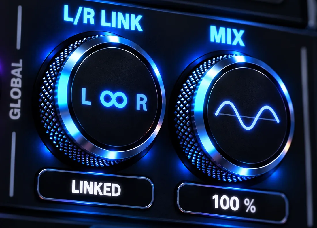 HardStop Pro's Global section: the L/R Link knob at LINKED and the Mix knob at 100%.