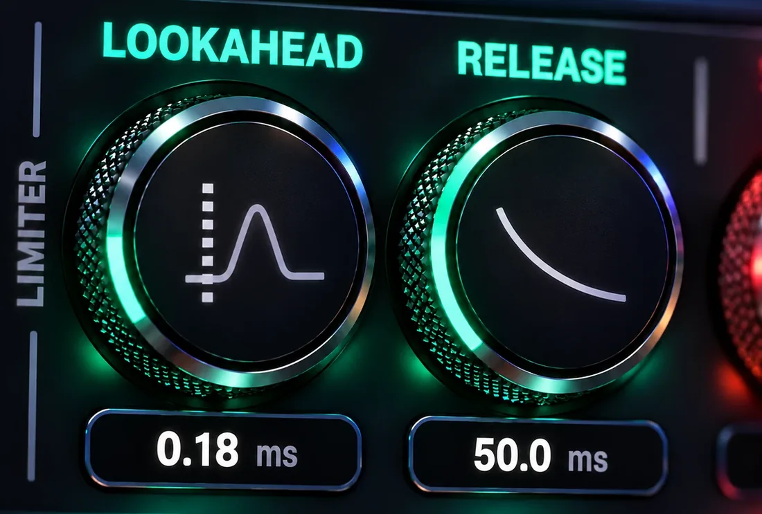 HardStop Pro's Limiter section: the Lookahead knob at 0.18 ms and the Release knob at 50.0 ms.
