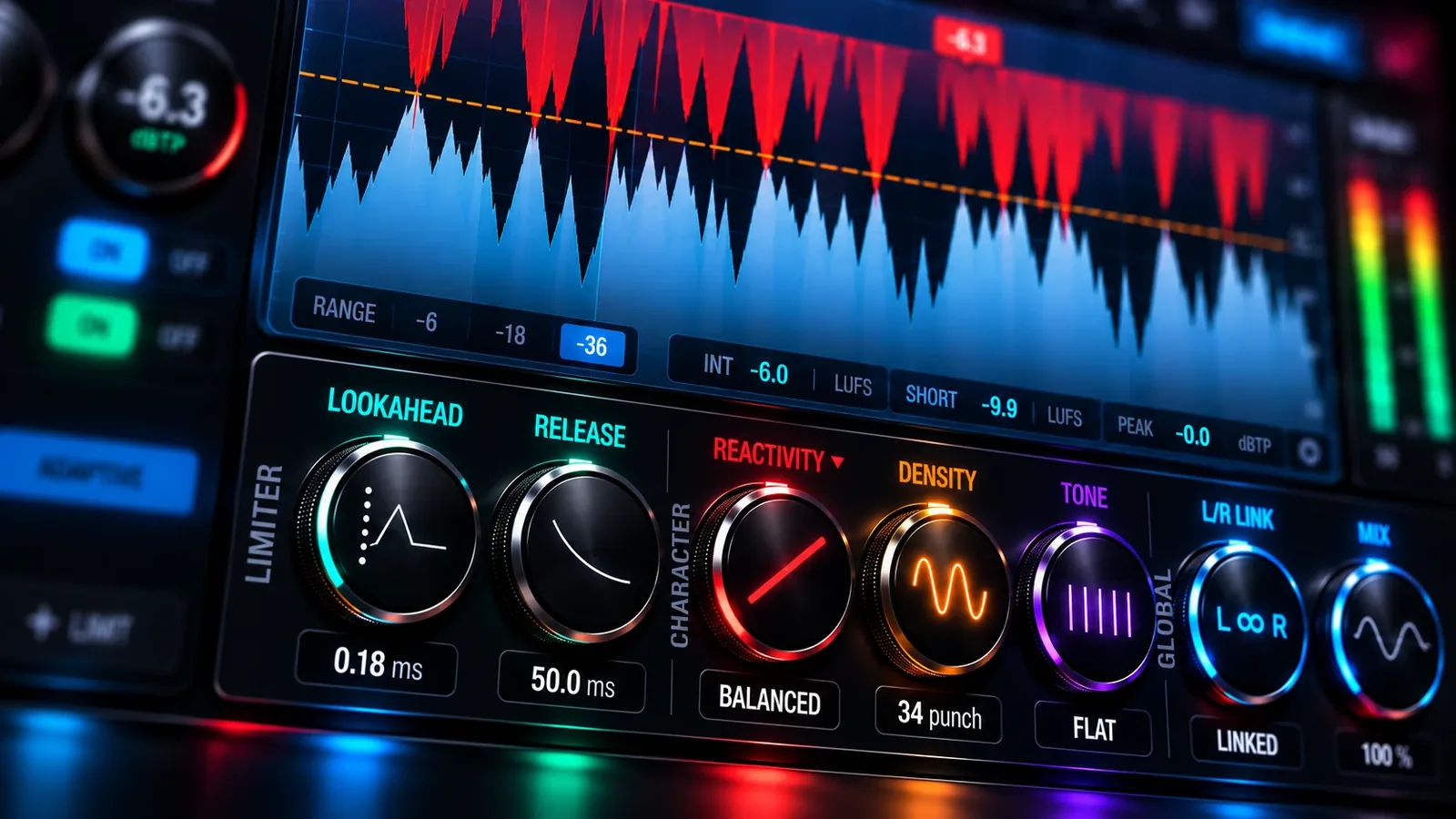 HardStop Pro's Advanced controls under the waveform: Lookahead and Release, Reactivity at BALANCED, Density at 34 punch, Tone at FLAT, L/R Link at LINKED and Mix at 100%, with the LUFS readouts above.