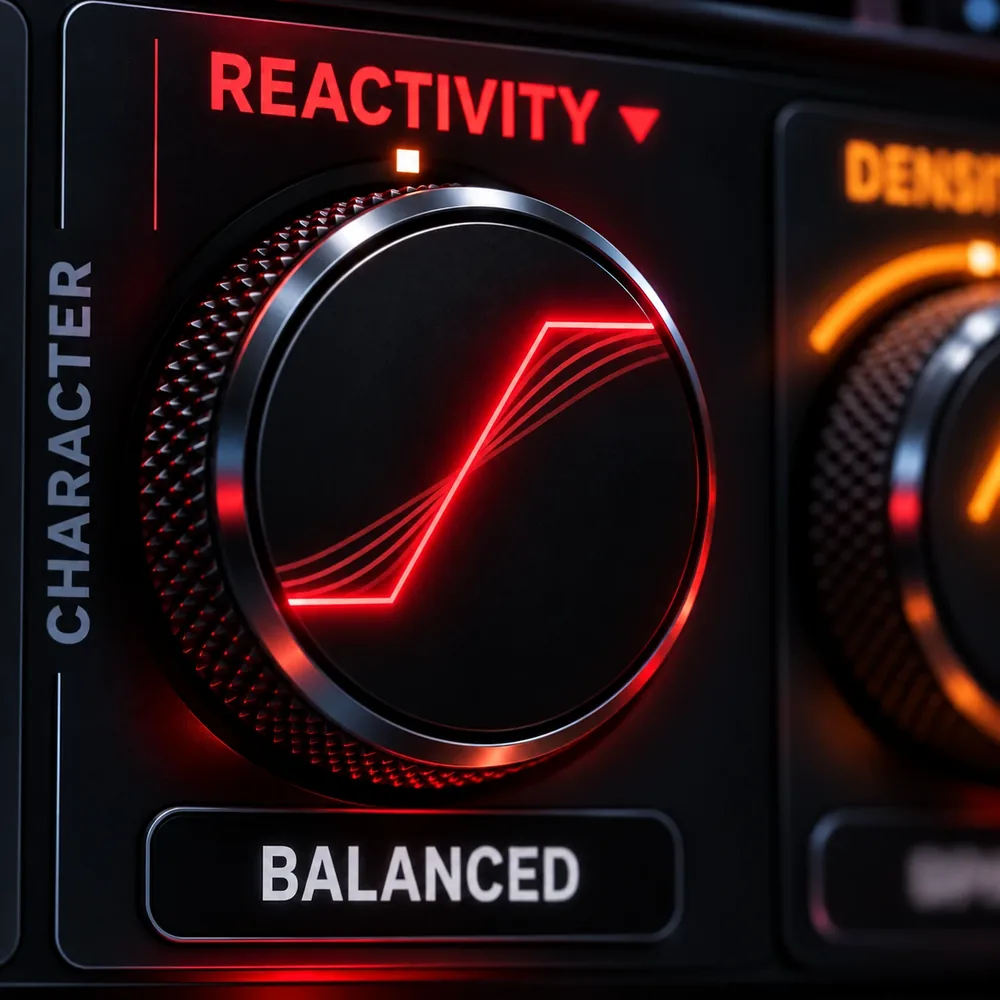 HardStop Pro's Reactivity knob, which the Shape knob becomes in Adaptive mode, set to BALANCED.