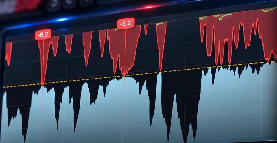 The HardStop waveform: clipped peaks in red above the dashed ceiling line, the TP limiter in green, and flags at -6.2 on the hardest hits.