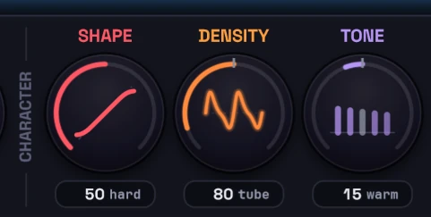The character row on HardStop Pro's advanced page, showing the Shape, Density and Tone knobs.