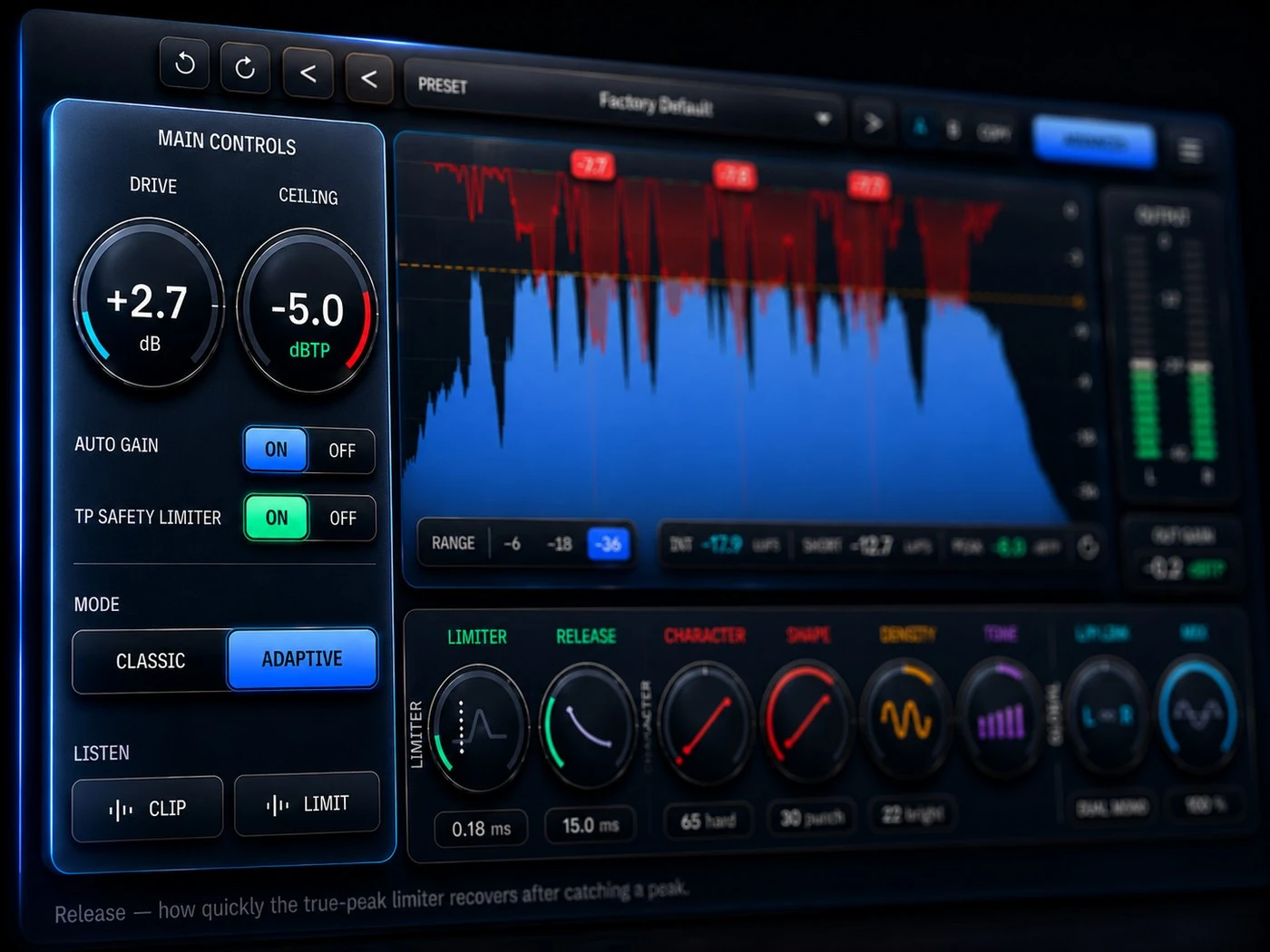 HardStop Pro's Advanced view. The LISTEN section in the bottom left has two buttons, CLIP and LIMIT.
