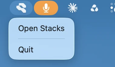 The Stacks menu-bar menu, with Open Stacks and Quit.