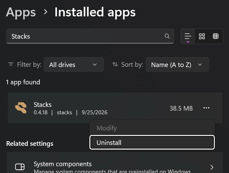 Windows Settings, Installed apps, with Stacks found and its menu open on Uninstall.